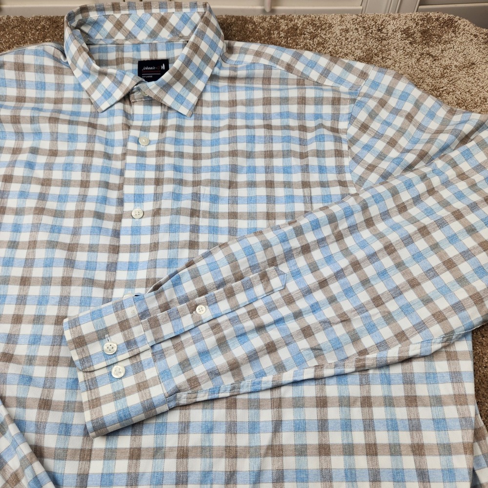 Johnnie-O Performance Shirt Mens XXL Blue Brown Check Plaid Long Sleeve Stretch